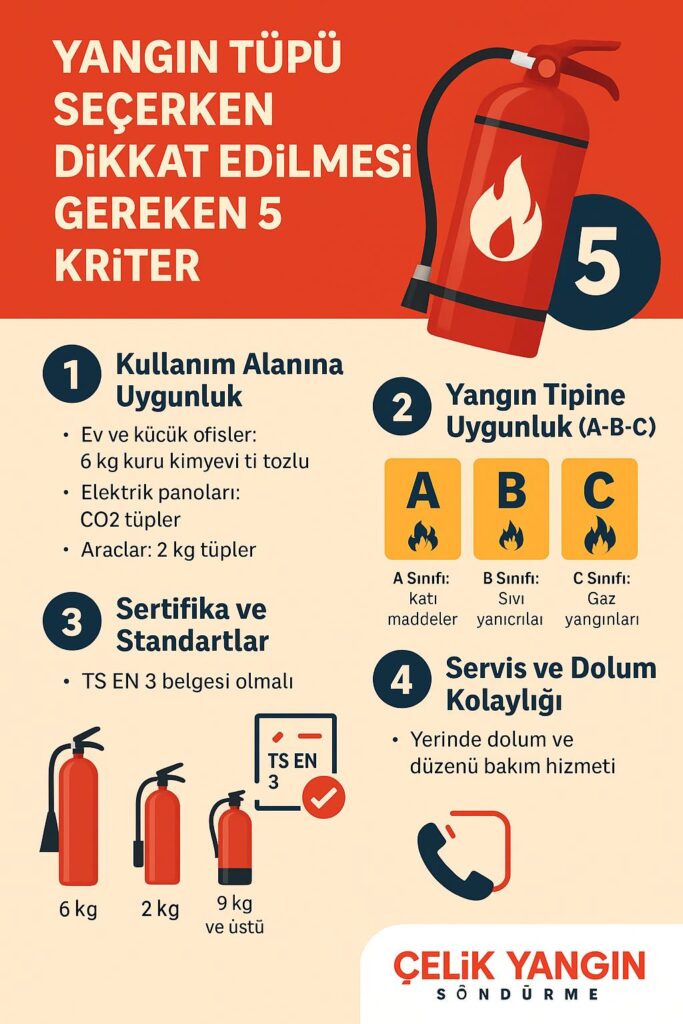 yangın tüpü seçerken dikkat edilmesi gereken 5 kriter infografiği