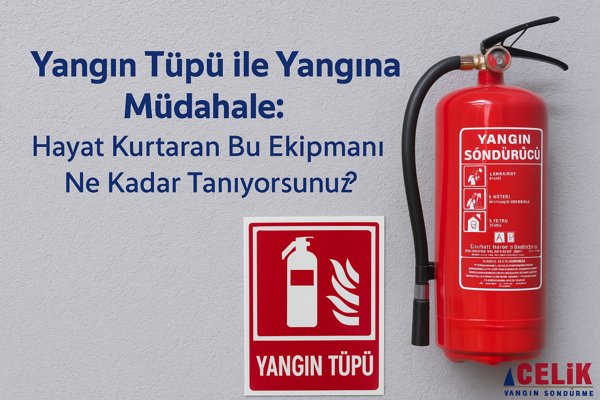 kırmızı yangın söndürücü tüp ve bilgilendirici tabela