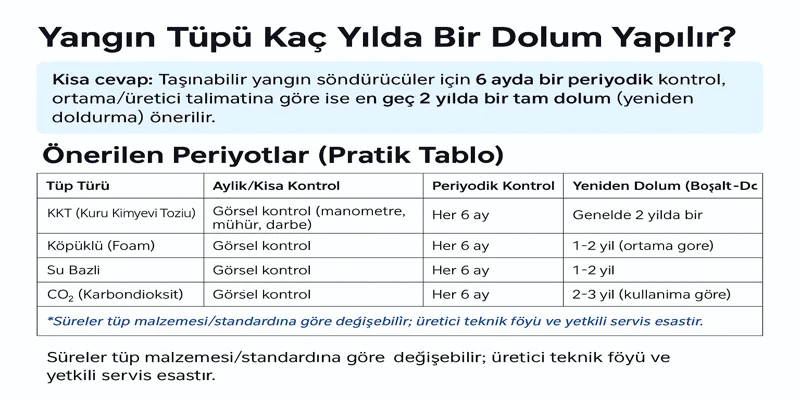 yangın tüpü dolum periyotları tablo – kkt, köpüklü, su bazlı ve co₂ tüpler için kontrol süreleri