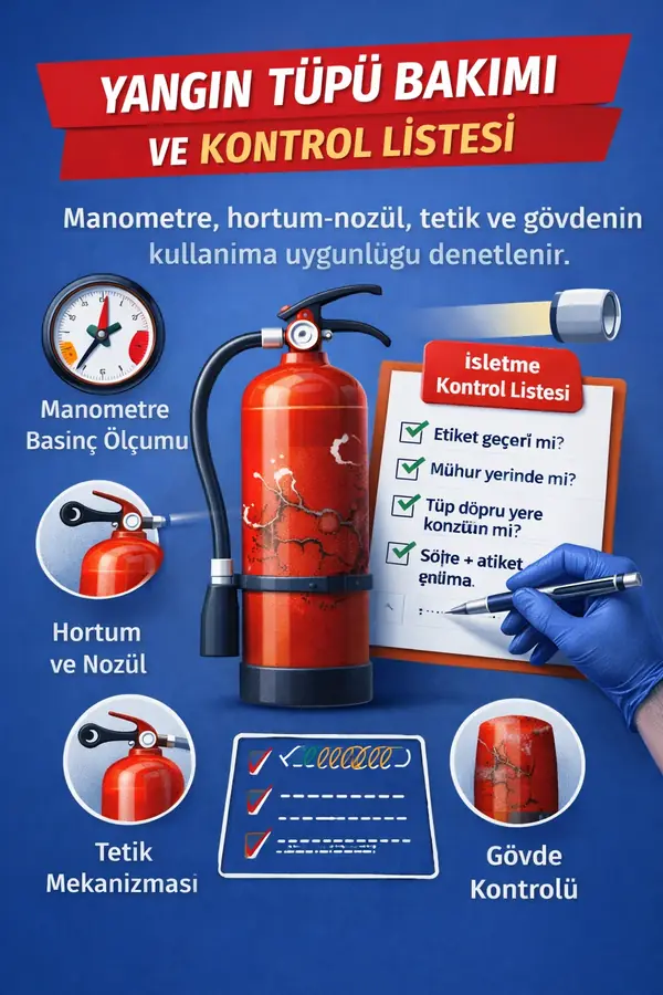yangın tüpü bakımı nedir? dolumdan farkı ve i̇şletmeler i̇çin kontrol listesi yangın tüpü bakımında kontrol edilmesi gerekenler: manometre basıncı, hortum-nozül, tetik mekanizması ve gövde kontrolü.