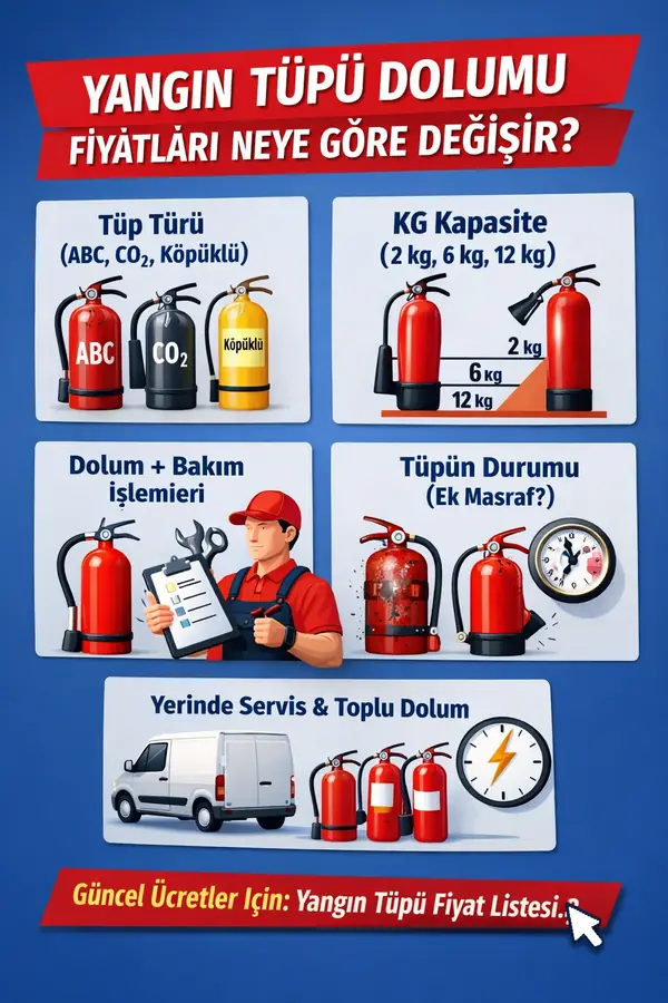 yangın tüpü dolumu fiyatları neye göre değişir? yangın tüpü dolumu fiyatları; tüp türü, kg kapasite, bakım ihtiyacı, tüpün durumu ve yerinde servis gibi faktörlere göre değişir.